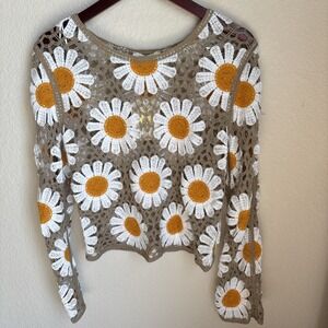 Rebellion Again Sweater M Daisy Floral Crochet Open Knit Pullover Boho Brown